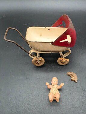 Vintage Wyandotte Metal Doll Stroller Red Cream Antique Toy Carriage Buggy READ